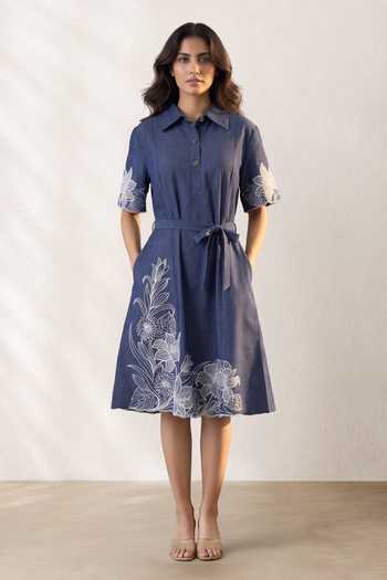 Shop Origani Blue Denim Collared Neck Noa Embroidered Dress With Belt Online at Aza Fashions Shop_Origani_Blue Denim Collared Neck Noa Embroidered Dress With Belt _Online_at_Aza_Fashions