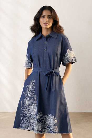Origani Noa Denim Embroidered Dress With Belt 