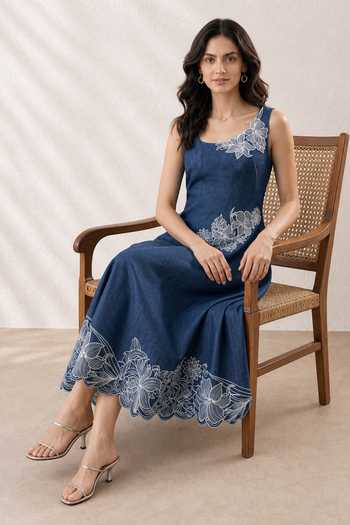 Origani_Blue Denim Square Neck Dora Embroidered Dress _Online_at_Aza_Fashions