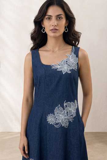 Shop_Origani_Blue Denim Square Neck Dora Embroidered Dress _Online_at_Aza_Fashions