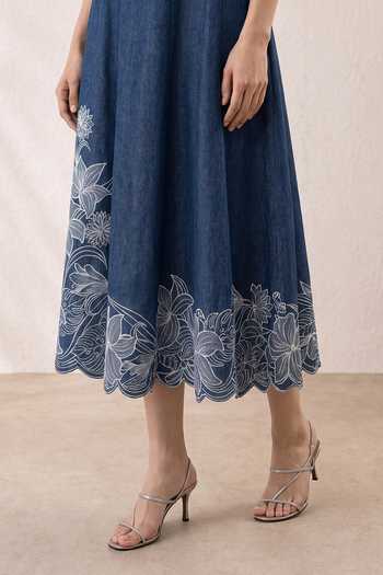 Origani_Blue Denim Square Neck Dora Embroidered Dress _at_Aza_Fashions