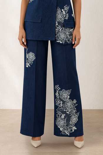 Origani Blue Denim Bluebell Embroidered Jacket And Pant Co-ord Set Online at Aza Fashions Origani_Blue Denim Bluebell Embroidered Jacket And Pant Co-ord Set _Online_at_Aza_Fashions