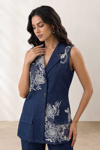 Buy Origani Blue Denim Bluebell Embroidered Jacket And Pant Co-ord Set Online at Aza Fashions Buy_Origani_Blue Denim Bluebell Embroidered Jacket And Pant Co-ord Set _Online_at_Aza_Fashions