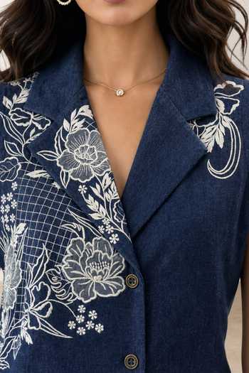 Shop Origani Blue Denim Bluebell Embroidered Jacket And Pant Co-ord Set Online at Aza Fashions Shop_Origani_Blue Denim Bluebell Embroidered Jacket And Pant Co-ord Set _Online_at_Aza_Fashions
