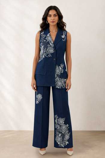 Origani_Blue Denim Notched Neck Bluebell Embroidered Jacket _Online_at_Aza_Fashions