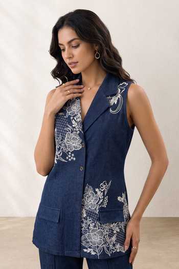 Shop_Origani_Blue Denim Notched Neck Bluebell Embroidered Jacket _Online_at_Aza_Fashions