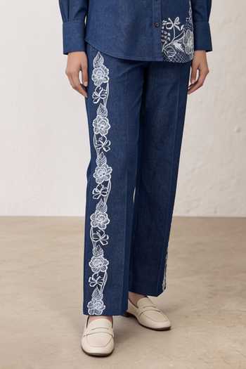 Origani_Blue Denim Collared Neck Kyra Embroidered Shirt And Pant Co-ord Set _Online_at_Aza_Fashions