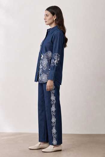 Buy_Origani_Blue Denim Collared Neck Kyra Embroidered Shirt And Pant Co-ord Set _Online_at_Aza_Fashions