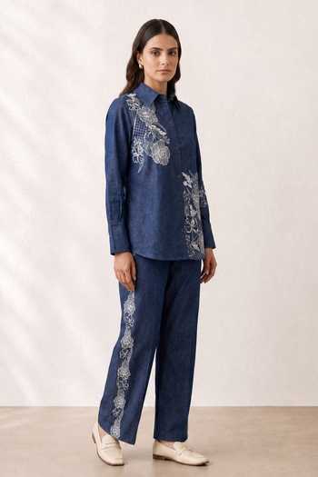 Shop_Origani_Blue Denim Collared Neck Kyra Embroidered Shirt And Pant Co-ord Set _Online_at_Aza_Fashions