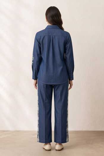 Origani Kyra Embroidered Denim Shirt & Pant Co-ord Set 