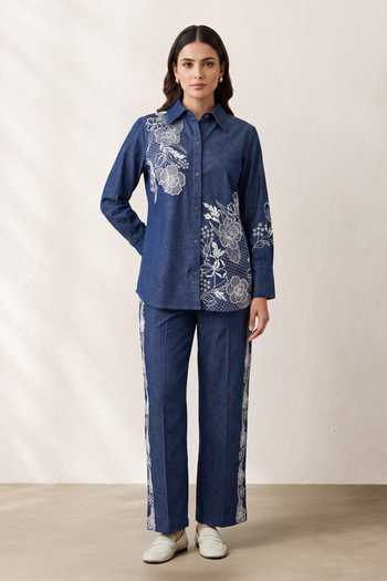 Origani Kyra Embroidered Denim Shirt & Pant Co-ord Set 