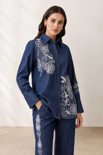 Origani_Blue Denim Collared Neck Kyra Embroidered Shirt And Pant Co-ord Set _at_Aza_Fashions