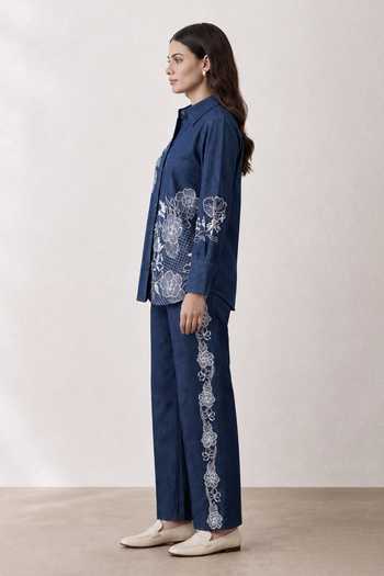 Origani Blue Denim Button-down Neck Kyra Embroidered Shirt Online at Aza Fashions Origani_Blue Denim Button-down Neck Kyra Embroidered Shirt _Online_at_Aza_Fashions