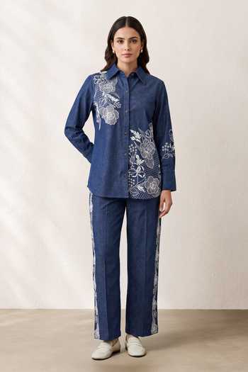 Shop Origani Blue Denim Button-down Neck Kyra Embroidered Shirt Online at Aza Fashions Shop_Origani_Blue Denim Button-down Neck Kyra Embroidered Shirt _Online_at_Aza_Fashions