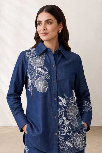 Origani Blue Denim Button-down Neck Kyra Embroidered Shirt at Aza Fashions Origani_Blue Denim Button-down Neck Kyra Embroidered Shirt _at_Aza_Fashions