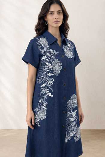 Origani Blue Denim Collared Neck Embroidered Shirt Dress Online at Aza Fashions Origani_Blue Denim Collared Neck Embroidered Shirt Dress _Online_at_Aza_Fashions
