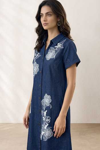 Buy Origani Blue Denim Collared Neck Embroidered Shirt Dress Online at Aza Fashions Buy_Origani_Blue Denim Collared Neck Embroidered Shirt Dress _Online_at_Aza_Fashions