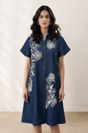 Origani Denim Embroidered Shirt Dress 