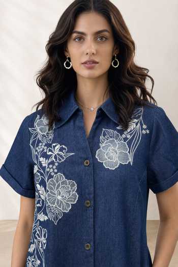 Shop Origani Blue Denim Collared Neck Embroidered Shirt Dress Online at Aza Fashions Shop_Origani_Blue Denim Collared Neck Embroidered Shirt Dress _Online_at_Aza_Fashions