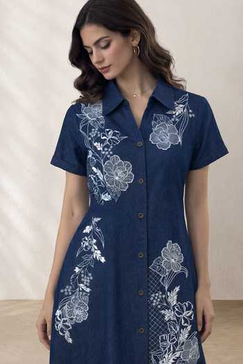 Origani Blue Denim Collared Neck Embroidered Shirt Dress at Aza Fashions Origani_Blue Denim Collared Neck Embroidered Shirt Dress _at_Aza_Fashions