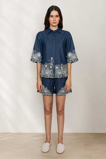 Origani Evora Embroidered Denim Shirt & Shorts Set 