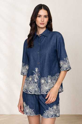 Origani Blue Denim Collared Neck Evora Embroidered Shirt And Shorts Set Online at Aza Fashions Origani_Blue Denim Collared Neck Evora Embroidered Shirt And Shorts Set _Online_at_Aza_Fashions