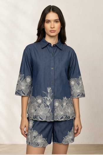 Buy Origani Blue Denim Collared Neck Evora Embroidered Shirt And Shorts Set Online at Aza Fashions Buy_Origani_Blue Denim Collared Neck Evora Embroidered Shirt And Shorts Set _Online_at_Aza_Fashions