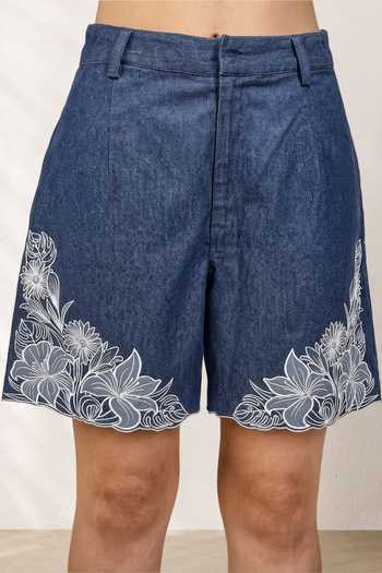 Shop Origani Blue Denim Collared Neck Evora Embroidered Shirt And Shorts Set Online at Aza Fashions Shop_Origani_Blue Denim Collared Neck Evora Embroidered Shirt And Shorts Set _Online_at_Aza_Fashions