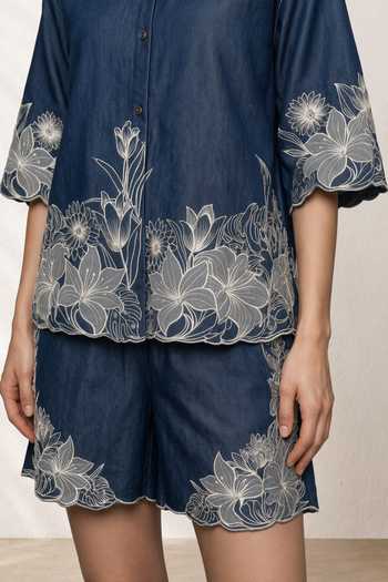 Origani Blue Denim Collared Neck Evora Embroidered Shirt And Shorts Set at Aza Fashions Origani_Blue Denim Collared Neck Evora Embroidered Shirt And Shorts Set _at_Aza_Fashions