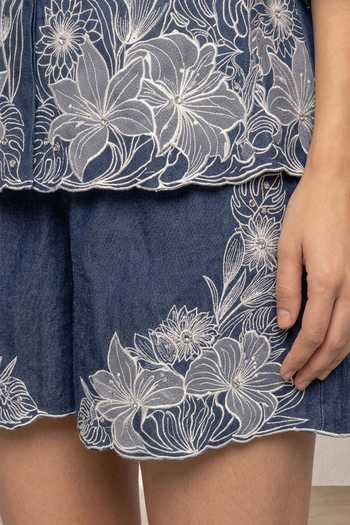Buy Origani Blue Denim Collared Neck Evora Embroidered Shirt And Shorts Set Buy_Origani_Blue Denim Collared Neck Evora Embroidered Shirt And Shorts Set