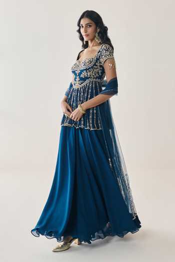 Buy Seema Thukral Blue Organza, Georgette, Satin, Rosalind Embellished Peplum Kurta Sharara Set Online at Aza Fashions Buy_Seema Thukral_Blue Organza, Georgette, Satin, Rosalind Embellished Peplum Kurta Sharara Set _Online_at_Aza_Fashions