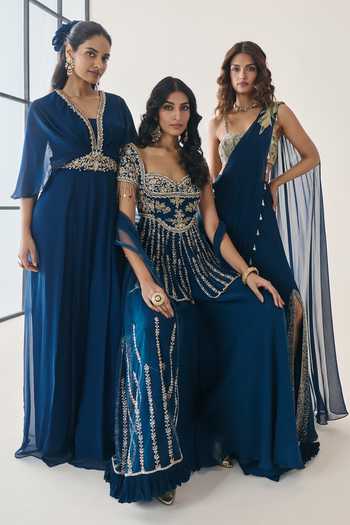 Buy Seema Thukral Blue Organza, Georgette, Satin, Rosalind Embellished Peplum Kurta Sharara Set Buy_Seema Thukral_Blue Organza, Georgette, Satin, Rosalind Embellished Peplum Kurta Sharara Set