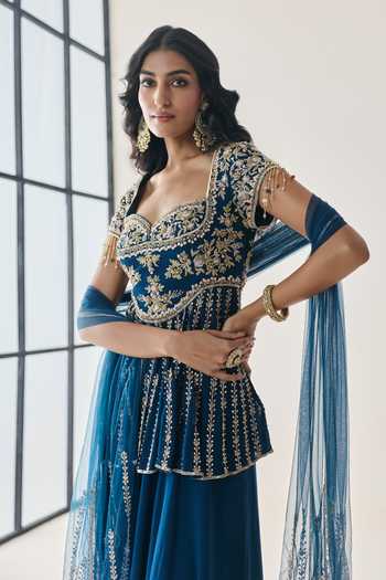 Shop Seema Thukral Blue Organza, Georgette, Satin, Rosalind Embellished Peplum Kurta Sharara Set Shop_Seema Thukral_Blue Organza, Georgette, Satin, Rosalind Embellished Peplum Kurta Sharara Set