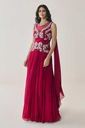 Seema Thukral Pink Georgette, Satin, Net, Chiffon Embroidery Evelina Embellished Draped Gown Online at Aza Fashions Seema Thukral_Pink Georgette, Satin, Net, Chiffon Embroidery Evelina Embellished Draped Gown _Online_at_Aza_Fashions