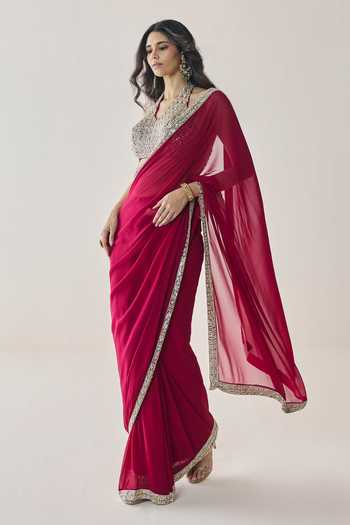 Seema Thukral Pink Georgette, Satin Halter Neck Elowen Pre-stitched Saree With Blouse Online at Aza Fashions Seema Thukral_Pink Georgette, Satin Halter Neck Elowen Pre-stitched Saree With Blouse _Online_at_Aza_Fashions