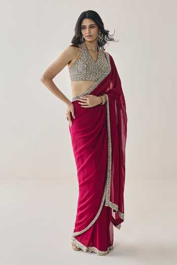 Buy Seema Thukral Pink Georgette, Satin Halter Neck Elowen Pre-stitched Saree With Blouse Online at Aza Fashions Buy_Seema Thukral_Pink Georgette, Satin Halter Neck Elowen Pre-stitched Saree With Blouse _Online_at_Aza_Fashions