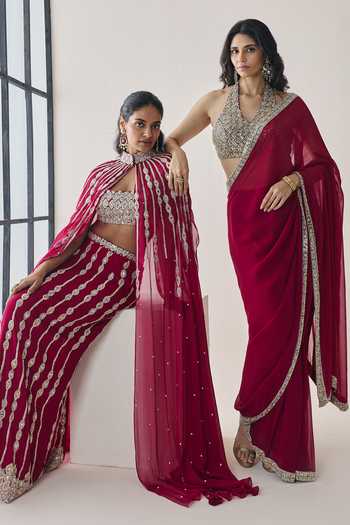 Shop Seema Thukral Pink Georgette, Satin Halter Neck Elowen Pre-stitched Saree With Blouse Online at Aza Fashions Shop_Seema Thukral_Pink Georgette, Satin Halter Neck Elowen Pre-stitched Saree With Blouse _Online_at_Aza_Fashions