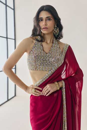 Seema Thukral Pink Georgette, Satin Halter Neck Elowen Pre-stitched Saree With Blouse at Aza Fashions Seema Thukral_Pink Georgette, Satin Halter Neck Elowen Pre-stitched Saree With Blouse _at_Aza_Fashions