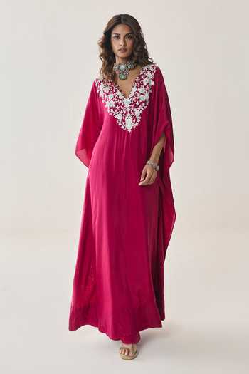 Seema Thukral Pink Silk, Satin V-neck Tatiana Embellished Yoke Kaftan Online at Aza Fashions Seema Thukral_Pink Silk, Satin V-neck Tatiana Embellished Yoke Kaftan _Online_at_Aza_Fashions