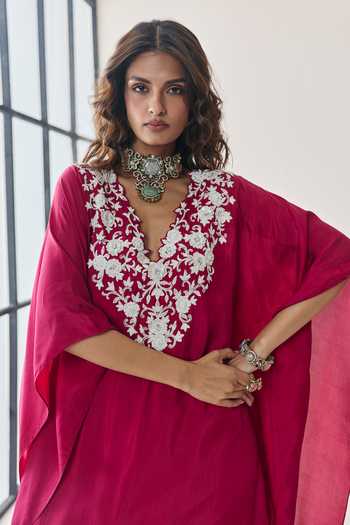 Buy Seema Thukral Pink Silk, Satin V-neck Tatiana Embellished Yoke Kaftan Online at Aza Fashions Buy_Seema Thukral_Pink Silk, Satin V-neck Tatiana Embellished Yoke Kaftan _Online_at_Aza_Fashions