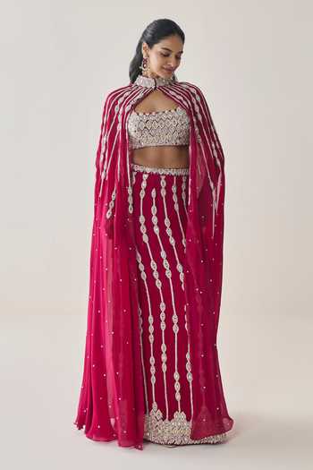 Shop Seema Thukral Pink Georgette, Satin, Chiffon Sweetheart Eleanor Embellished Cape And Skirt Set Online at Aza Fashions Shop_Seema Thukral_Pink Georgette, Satin, Chiffon Sweetheart Eleanor Embellished Cape And Skirt Set _Online_at_Aza_Fashions