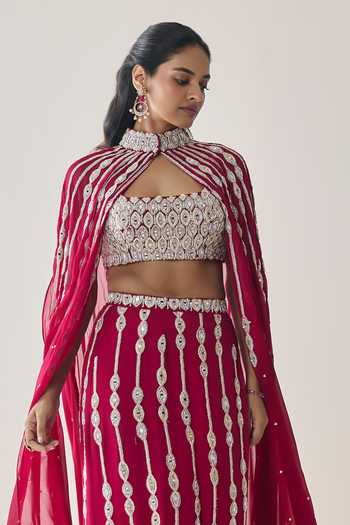 Buy Seema Thukral Pink Georgette, Satin, Chiffon Sweetheart Eleanor Embellished Cape And Skirt Set Buy_Seema Thukral_Pink Georgette, Satin, Chiffon Sweetheart Eleanor Embellished Cape And Skirt Set