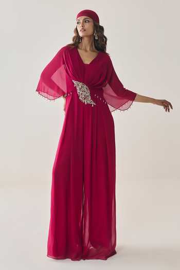 Seema Thukral_Pink Georgette, Satin V-neck Daphne Embellished Pleated Jumpsuit _Online_at_Aza_Fashions