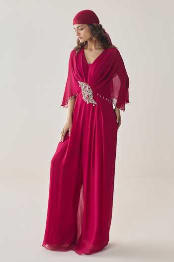 Buy_Seema Thukral_Pink Georgette, Satin V-neck Daphne Embellished Pleated Jumpsuit _Online_at_Aza_Fashions
