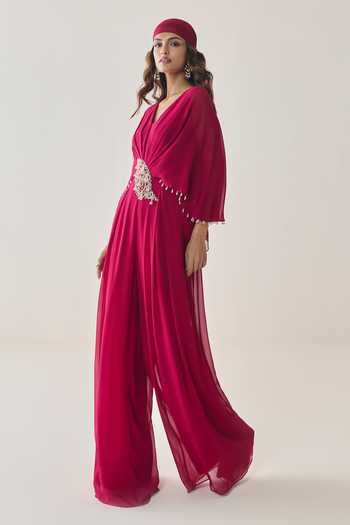 Shop_Seema Thukral_Pink Georgette, Satin V-neck Daphne Embellished Pleated Jumpsuit _Online_at_Aza_Fashions