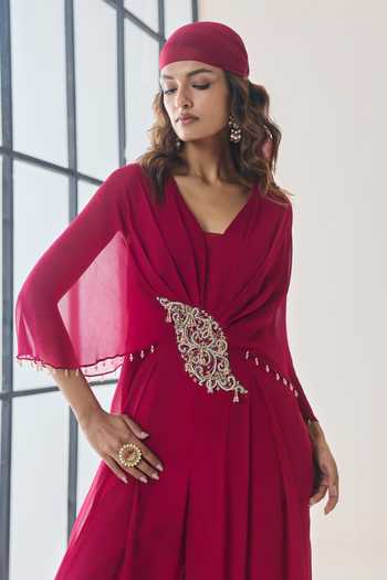 Seema Thukral_Pink Georgette, Satin V-neck Daphne Embellished Pleated Jumpsuit _at_Aza_Fashions
