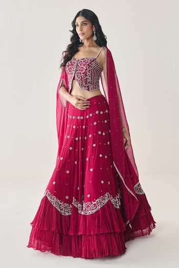Seema Thukral Pink Organza, Georgette, Satin, Chiffon Fern Embellished Cape Lehenga Set Online at Aza Fashions Seema Thukral_Pink Organza, Georgette, Satin, Chiffon Fern Embellished Cape Lehenga Set _Online_at_Aza_Fashions