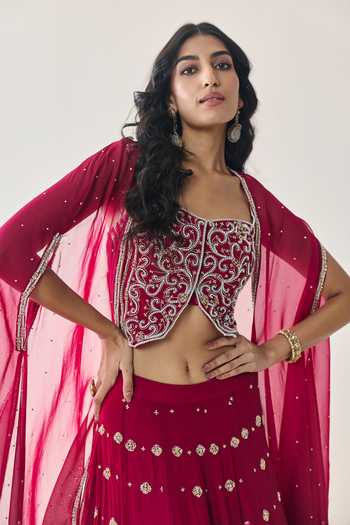 Shop Seema Thukral Pink Organza, Georgette, Satin, Chiffon Fern Embellished Cape Lehenga Set Online at Aza Fashions Shop_Seema Thukral_Pink Organza, Georgette, Satin, Chiffon Fern Embellished Cape Lehenga Set _Online_at_Aza_Fashions