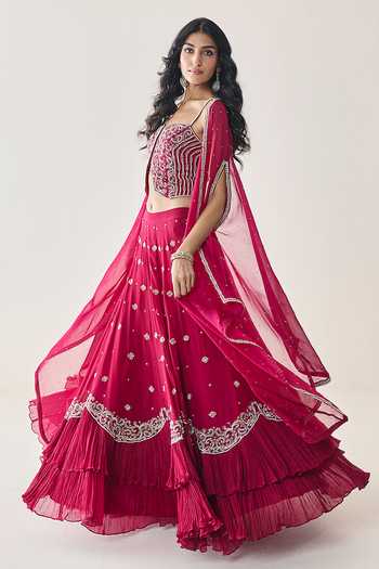 Seema Thukral Pink Organza, Georgette, Satin, Chiffon Fern Embellished Cape Lehenga Set at Aza Fashions Seema Thukral_Pink Organza, Georgette, Satin, Chiffon Fern Embellished Cape Lehenga Set _at_Aza_Fashions
