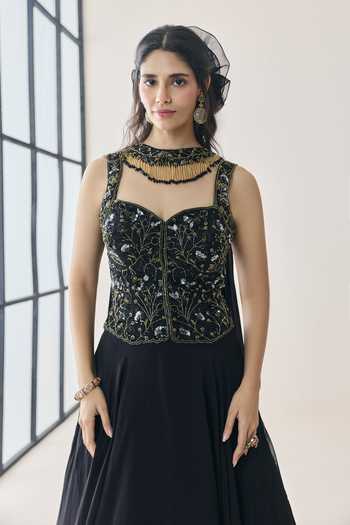Seema Thukral Black Organza, Satin Sweetheart Eira Embellished Blouse Handkerchief Skirt Set at Aza Fashions Seema Thukral_Black Organza, Satin Sweetheart Eira Embellished Blouse Handkerchief Skirt Set _at_Aza_Fashions